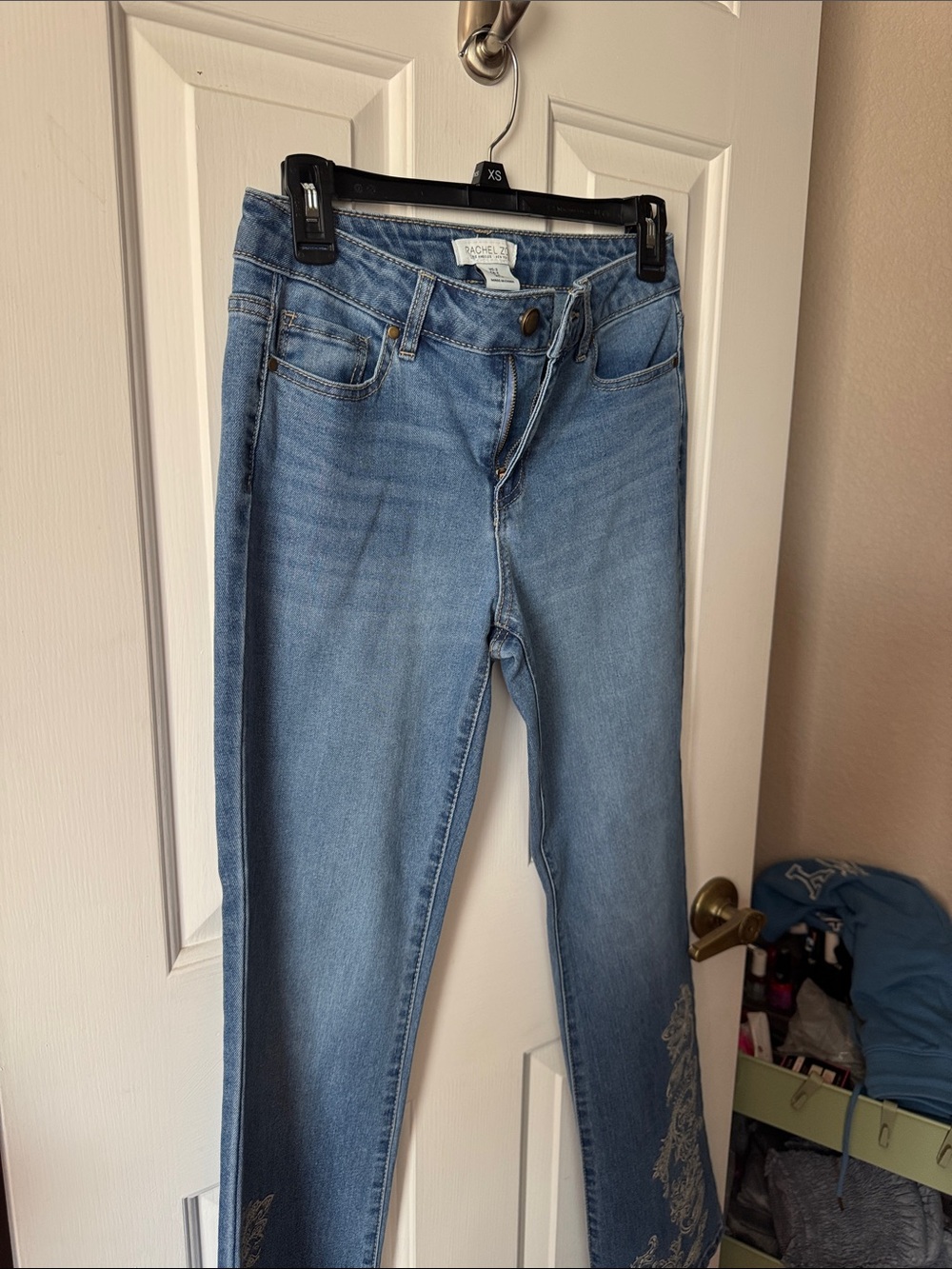 Rachel Zoe Light Blue Flare Jeans with Embroidered Hem and Leg